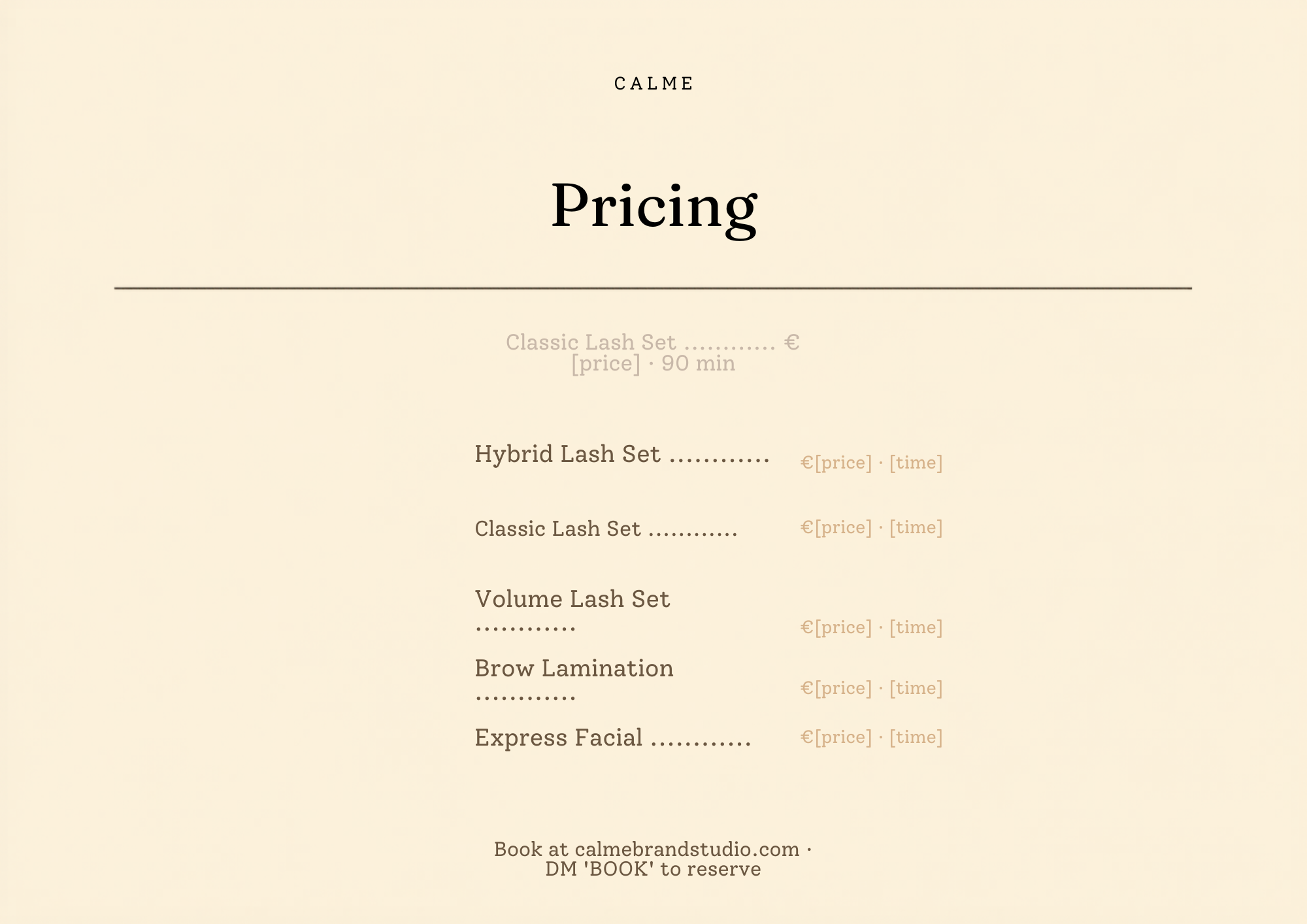 Price list — CALME Beauty Brand Edit preview