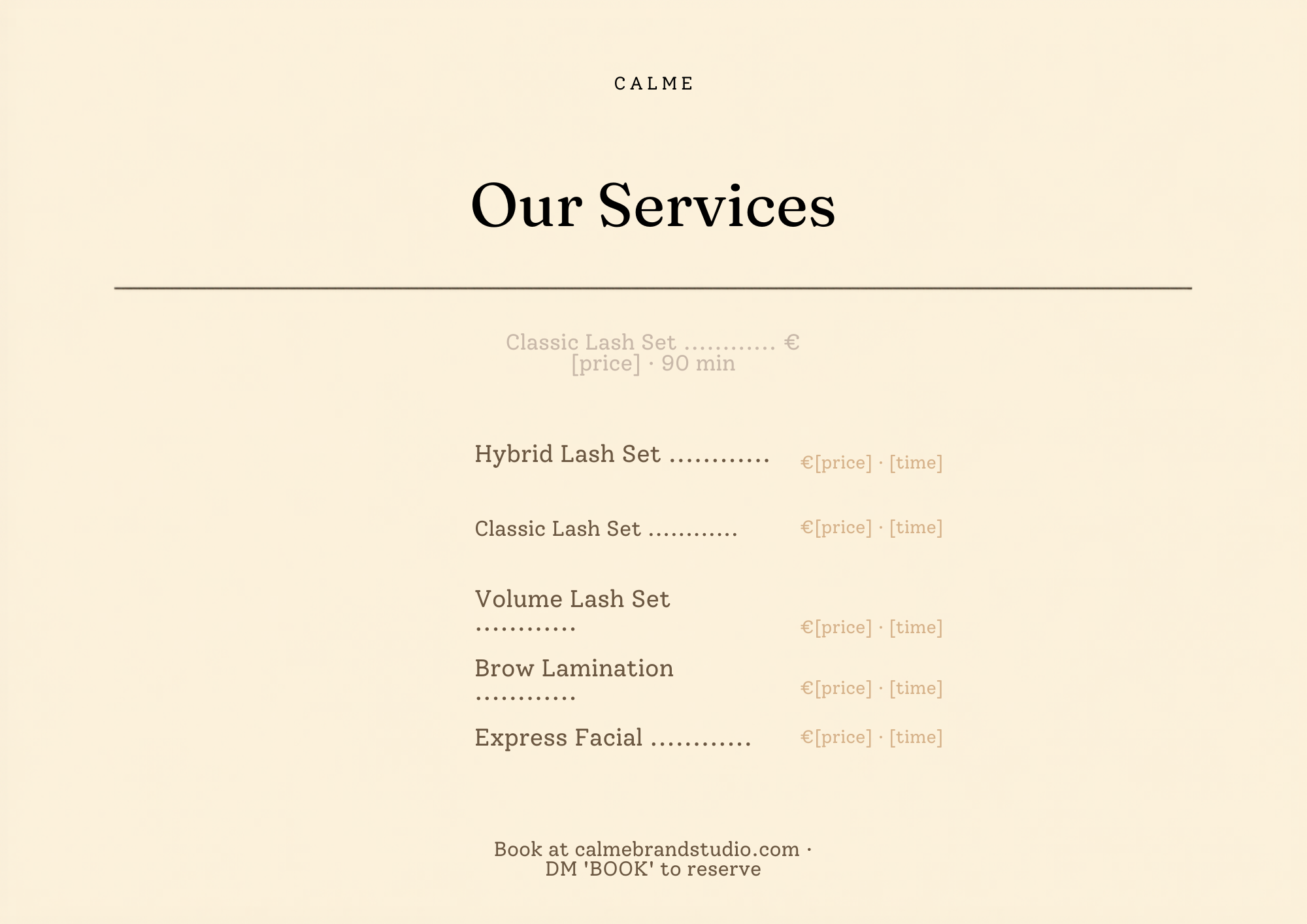 Service menu — CALME Beauty Brand Edit preview